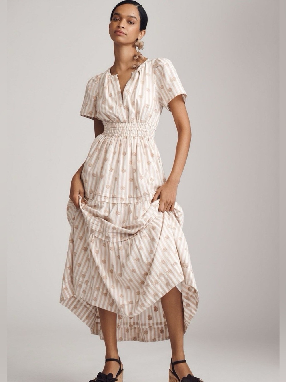 Anthropologie Somerset Embroidered Floral Maxi Sz XXS Tan Ivory Stripe